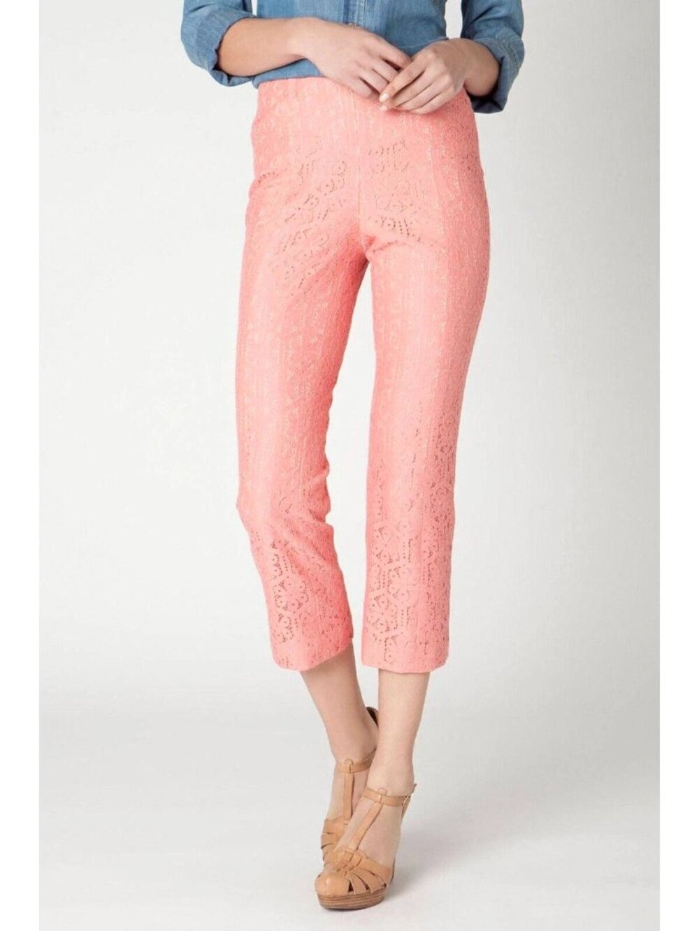 Corey Lynn Calter Youghal Boho Lace High Rise Pants Crop Pants Peach Sz 4